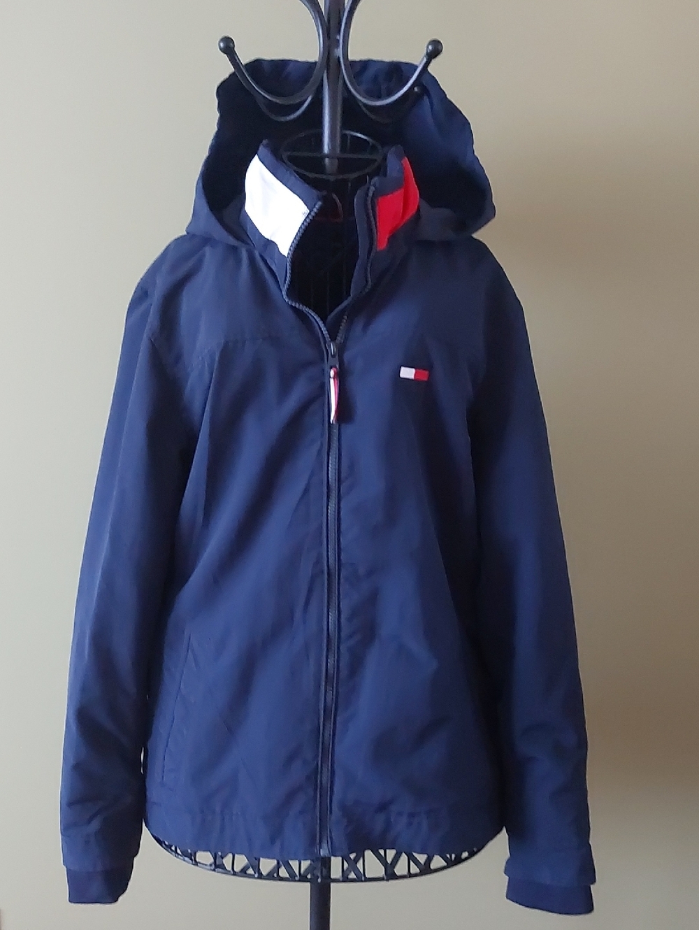 Tommy Hilfiger Navy Hooded Raincoat with Red & White Trim